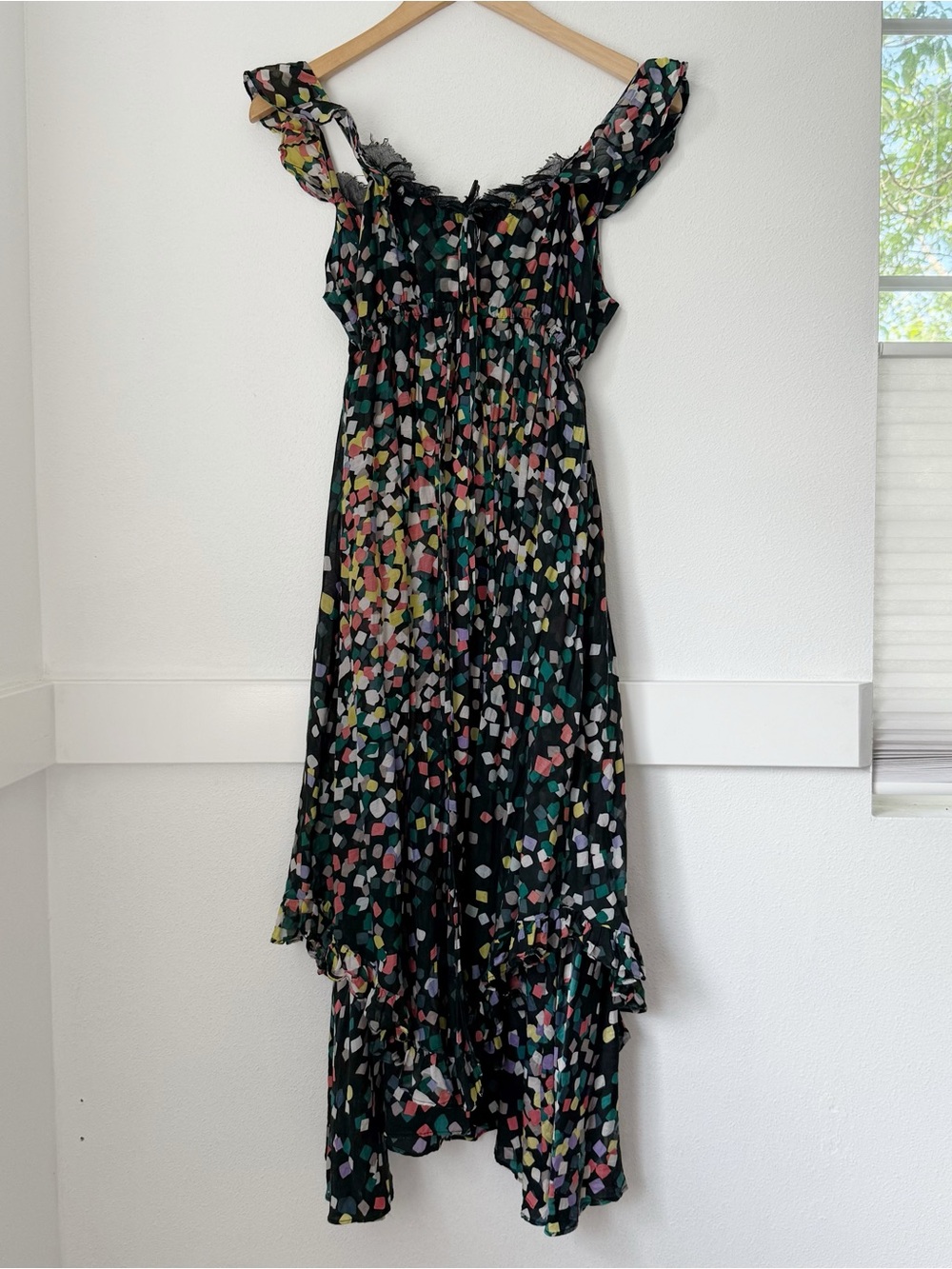 Vintage Black Multi-Color Ruffled Midi Dress